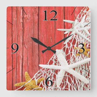 Starfish Netting Beach Wood Coastal Living | coral Square Wall Clock
