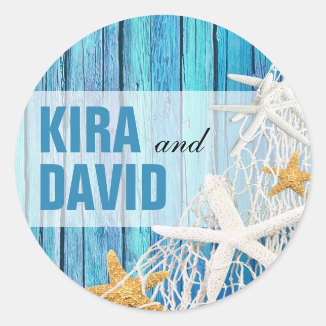 Starfish Netting Beach Wood Favour | blue Classic Round Sticker (Front)