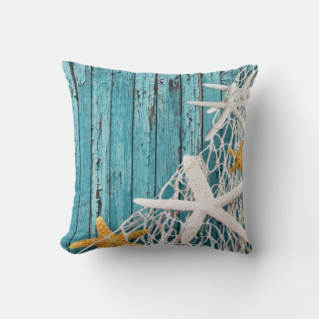 Starfish Netting Beach Wood | sea green Cushion (Front)