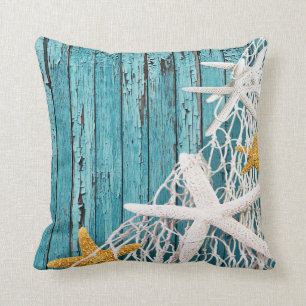 Starfish Netting Beach Wood   sea green Cushion
