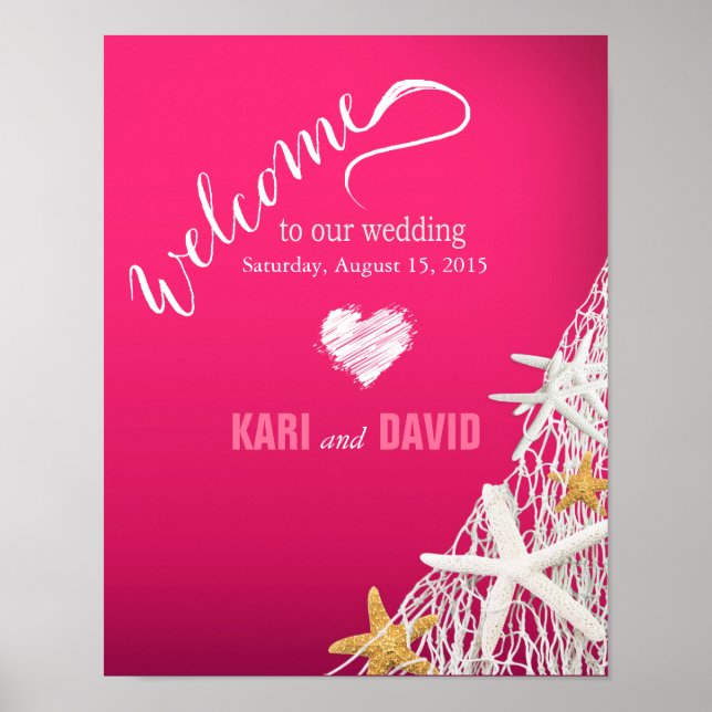 Starfish Netting Wedding Welcome Sign | fuschia (Front)