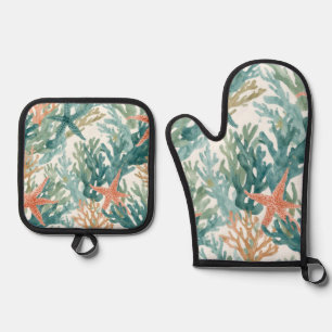 Starfish Ocean Coral Sealife Teal Orange Oven Mitt & Pot Holder Set