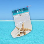 Starfish Ocean Double-Sided With Name Small Christmas Stocking<br><div class="desc">Tropical themed Christmas stocking, printed on both sides with a beach scene and big starfish. Choose to hang facing right or left, and use the name template accordingly. Delete the name sample not needed, or put the same name on both sides. Turquoise sea water and beach sand cover both sides....</div>