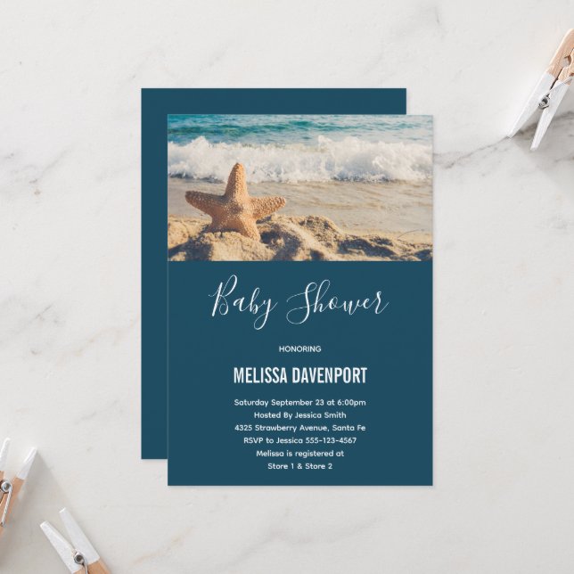 Starfish on a Sandy Beach Photograph Baby Shower Invitation (Front/Back In Situ)