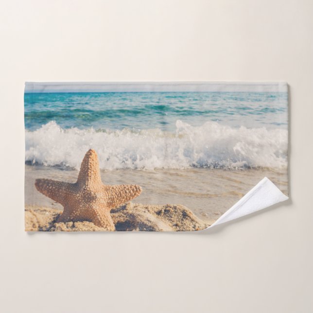 Starfish on a Sandy Beach Photograph Bath Towel Set (Hand Towel)