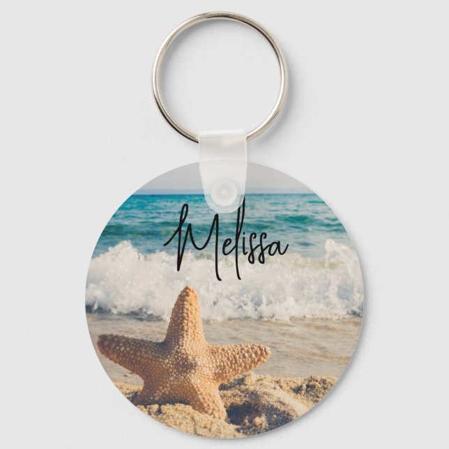 Starfish on a Sandy Beach Photograph Key Ring (Front)