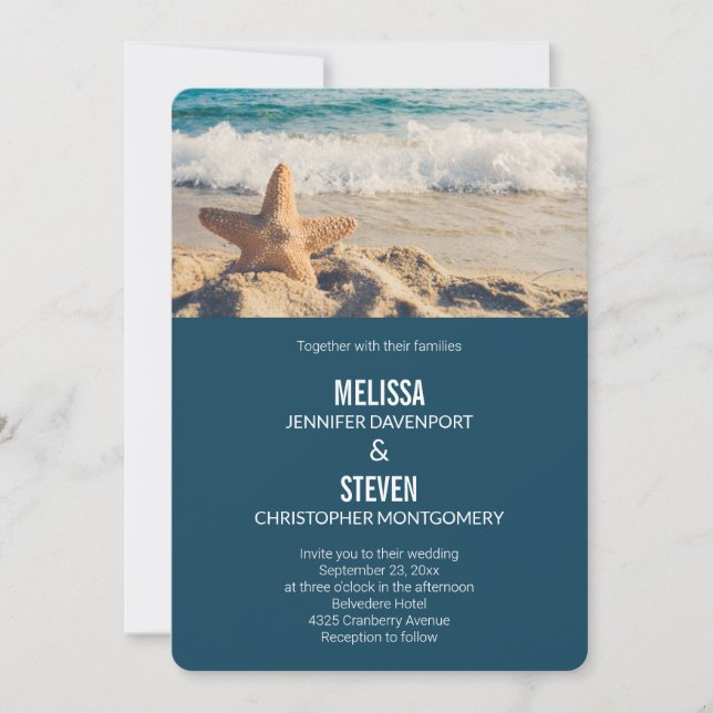 Starfish on a Sandy Beach Photograph Wedding Invitation (Front)