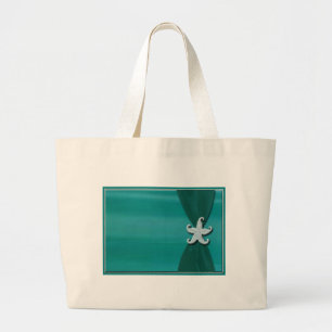 Starfish on aqua ribbon with silver trim large tote bag