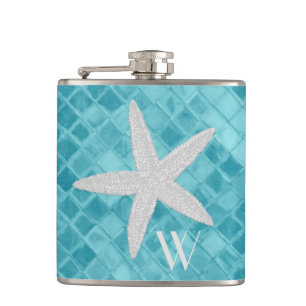Starfish on Aqua Sea Glass Monogram Hip Flask