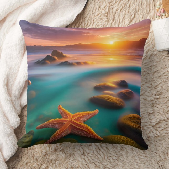 Starfish on beach at Dawn Cushion (Blanket)