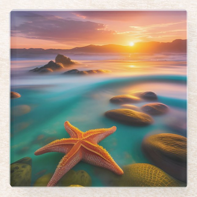 Starfish on beach at Dawn  Glass Coaster (Front)