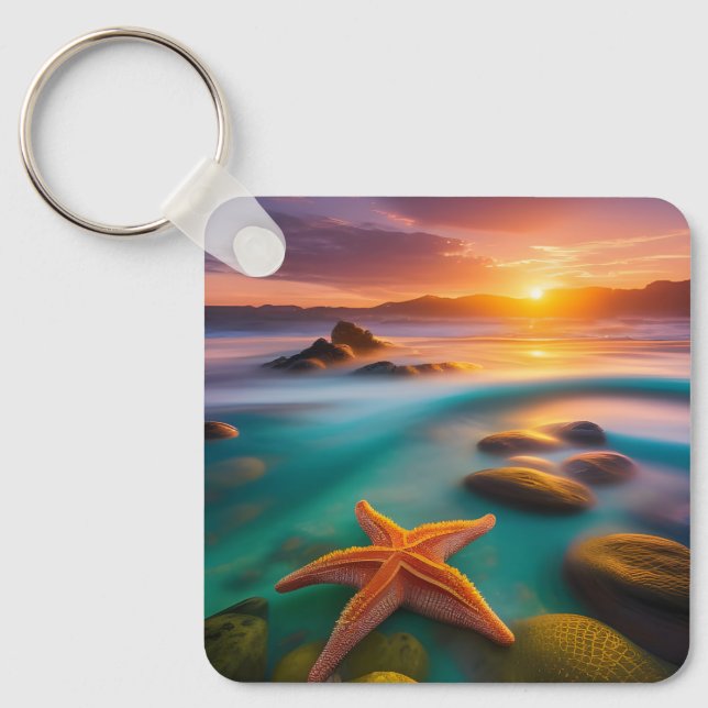 Starfish on beach at Dawn  Key Ring (Front)