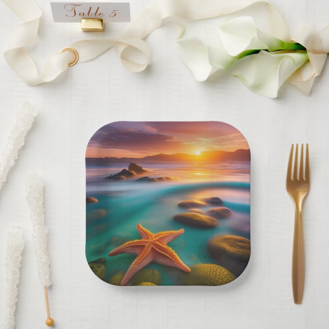 Starfish on beach at Dawn  Paper Plate (Wedding)