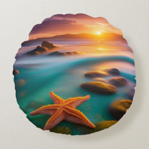 Starfish on beach at Dawn Round Cushion