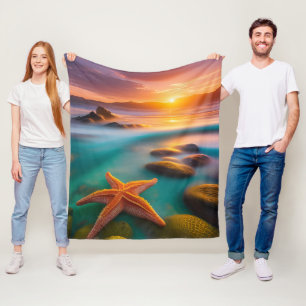 Starfish on Beach at Sunrise Fleece Blanket