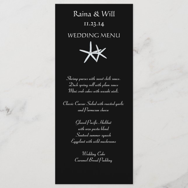 Starfish on Black, Tall Wedding Menu Card (Front)