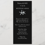 Starfish on Black, Tall Wedding Menu Card<br><div class="desc">Black and white starfish wedding menu cards.  Tall (4x9 inch) cards have two little,  white starfish and white template text for adding a simple list of appetizers,  salad,  and entree choices for the reception.  Shown on basic paper which you may change in section #2 above.</div>