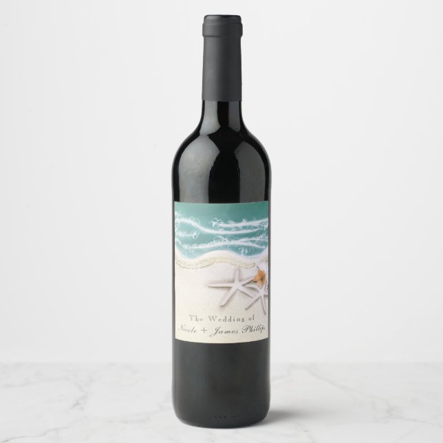 Starfish on the Beach Teal Sea Water Wine Labels (Front)