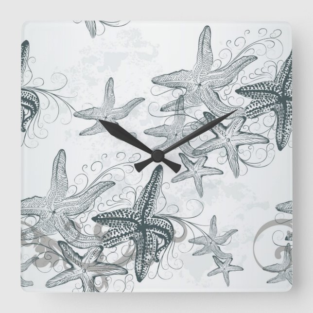 Starfish On The Sea Pattern Square Wall Clock (Front)