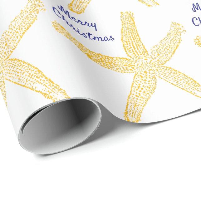Starfish Orange Navy Blue Merry Christmas Beach Wrapping Paper (Roll Corner)