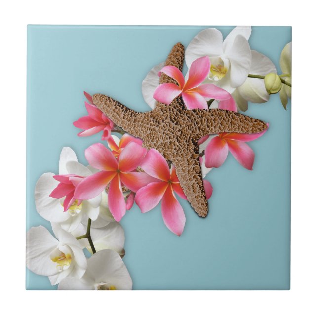 Starfish Orchids Plumeria Blue Ceramic Tile (Front)