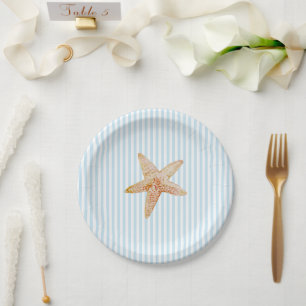 Starfish Painting Blue Stripe Ocean Beach Party Paper Plate