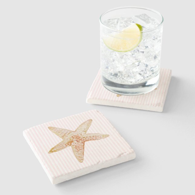 Starfish Painting Pink Stripe Marble Stone Coaster (Side)