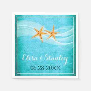 Starfish pair and veil turquoise beach wedding napkin