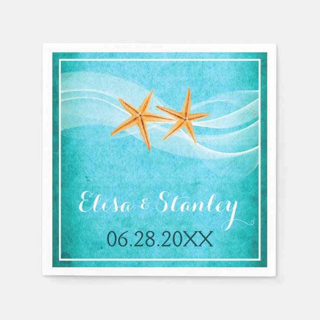 Starfish pair and veil turquoise beach wedding napkin (Front)