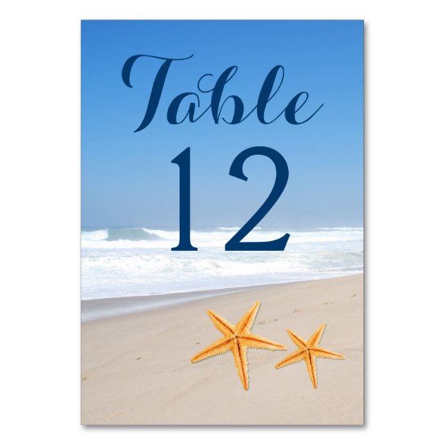 Starfish pair modern beach wedding table number (Front)
