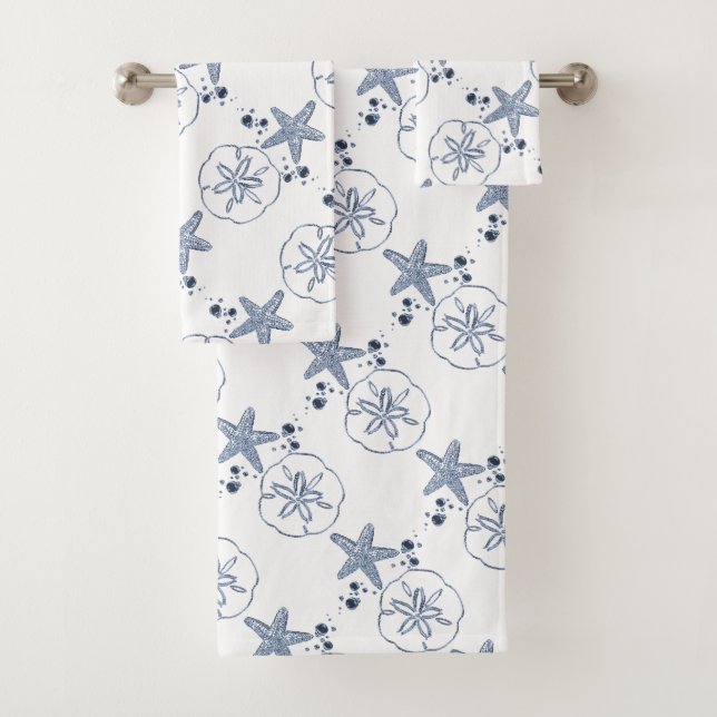 Starfish pansy sea shell pattern blue white bath towel set (Insitu)