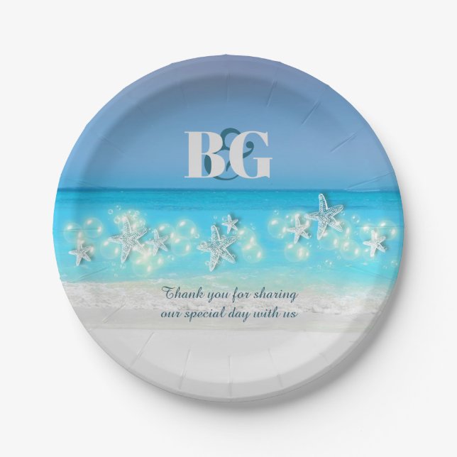 Starfish paradise blue waters tropical beach paper plate (Front)
