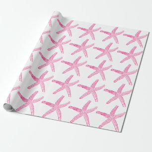 Starfish Pattern Beach Coastal Hot Pink White Wrapping Paper
