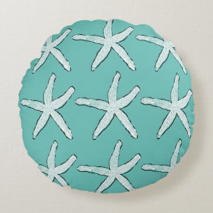 Starfish Pattern Beach Coastal Teal Blue Christmas Round Cushion