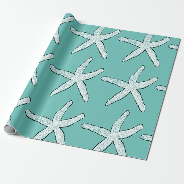 Starfish Pattern Beach Coastal Teal Blue Christmas Wrapping Paper (Unrolled)