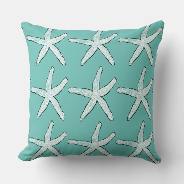 Starfish Pattern Beach Coastal Teal Blue Cotton Cushion (Front)