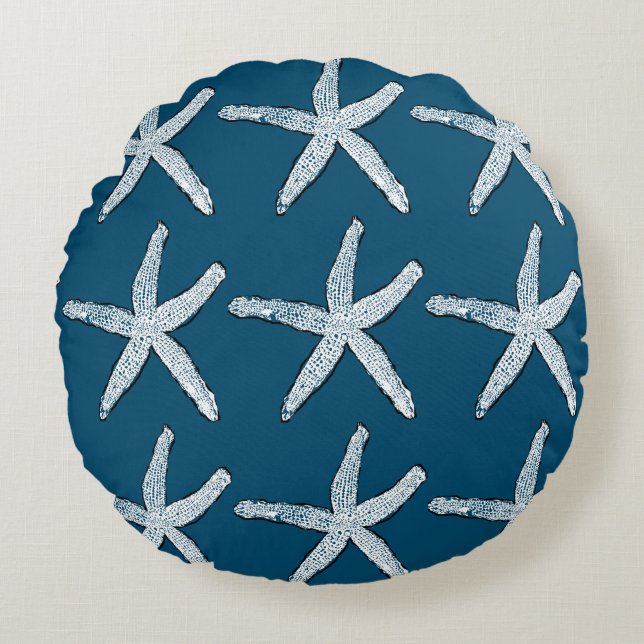 Starfish Pattern Beach Ocean Blue Christmas 2020 Round Cushion (Front)