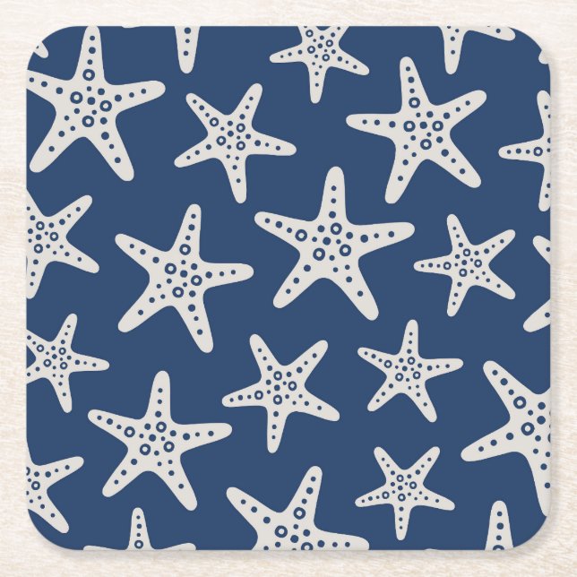 Starfish Pattern Blue Square Paper Coaster (Front)