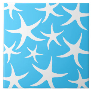 Starfish Pattern, Bright Turquoise Blue and White. Ceramic Tile