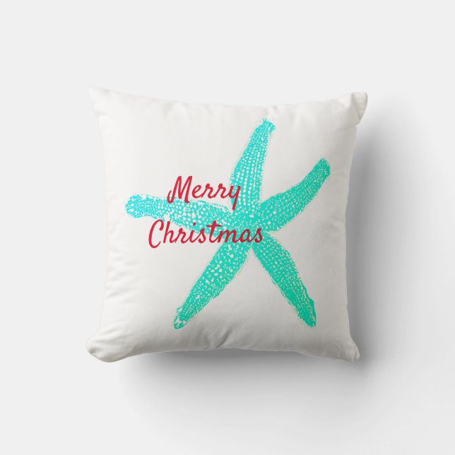 Starfish Pattern Green Blue Red Merry Christmas Cushion (Front)