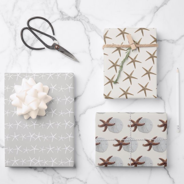 Starfish Pattern Grey Beige All Occasion Wrapping Paper Sheet (Front)