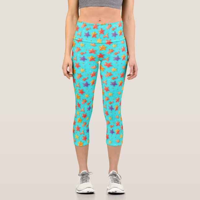 Starfish Pattern High Waisted Yoga Capris (Front)