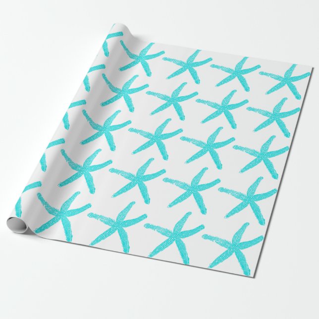 Starfish Pattern Light Teal White Beach Christmas Wrapping Paper (Unrolled)