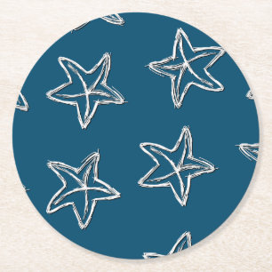 Starfish Pattern On Ocean Blue Colour Round Paper Coaster