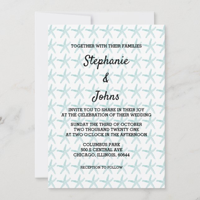 Starfish Pattern Teal Blue Beach Nautical Wedding Invitation (Front)