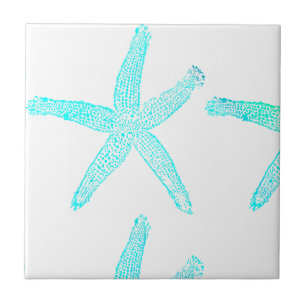 Starfish Patterns Beach Teal Blue White Nautical Ceramic Tile