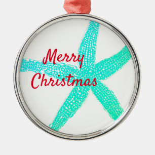 Starfish Patterns Green Blue Red Merry Christmas Metal Ornament