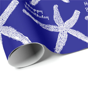 Starfish Patterns Navy Blue White Happy Birthday Wrapping Paper