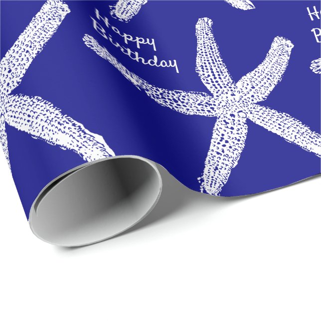 Starfish Patterns Navy Blue White Happy Birthday Wrapping Paper (Roll Corner)