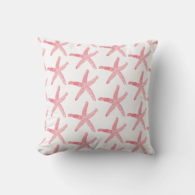 Starfish Patterns Red White Nautical Beach Decor Cushion (Front)